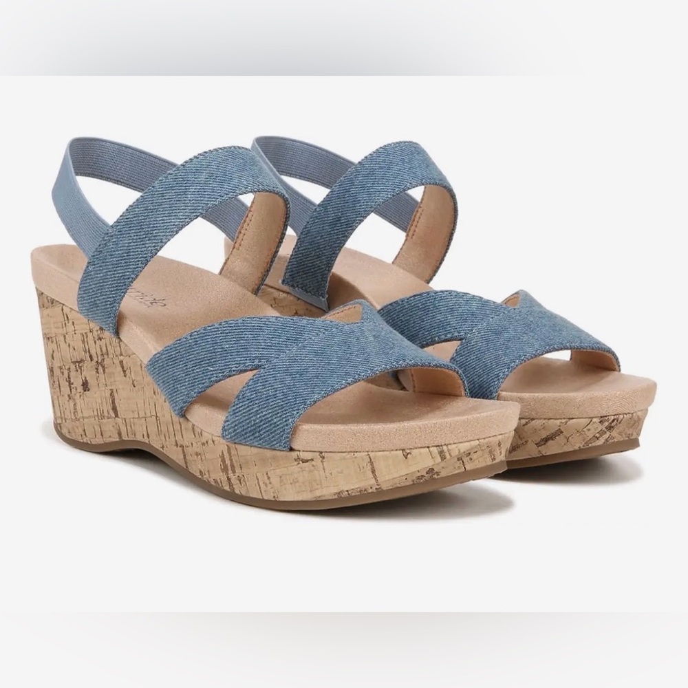 LifeStride Danita Denim Blue Cork Wedge Sandals sz 9.5M NEW MSRP $75
